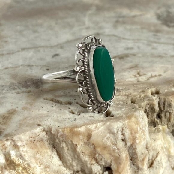 VTG Sterling Silver 925 Filigree Scrollwork Oval Bezel Set Green Onyx Ring 5.5 - Picture 5 of 16